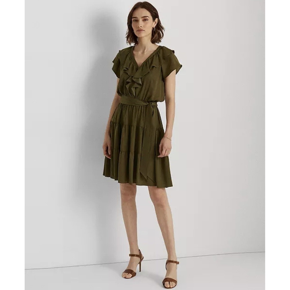 Lauren Ralph Lauren Womens‎ Ruffled Short Satin Mini Dress 8 Olive Green Belted